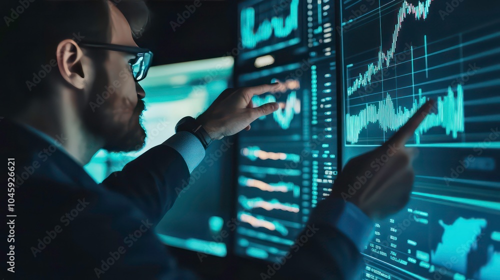 Poster a businessman in a suit and glasses is analyzing financial data on a large screen in a dark room. he