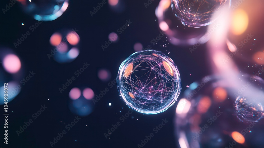Poster Abstract 3D rendering of glowing spheres with connected lines on a dark background.
