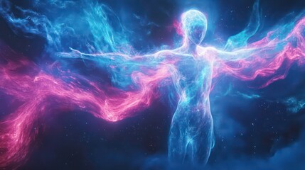 A glowing blue and pink ethereal figure with outstretched arms against a starry sky.