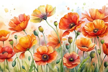 Fototapeta premium Watercolor poppy flowers art background with depth of field