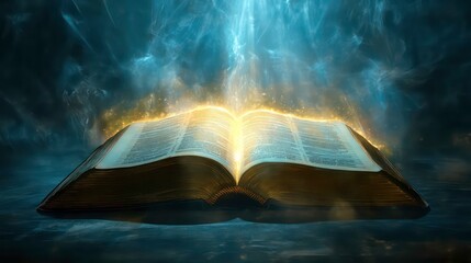 An open, ancient book glowing with golden light in a dark background with smoke around it.