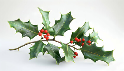 A sprig of holly with red berries and green leaves against a white background.