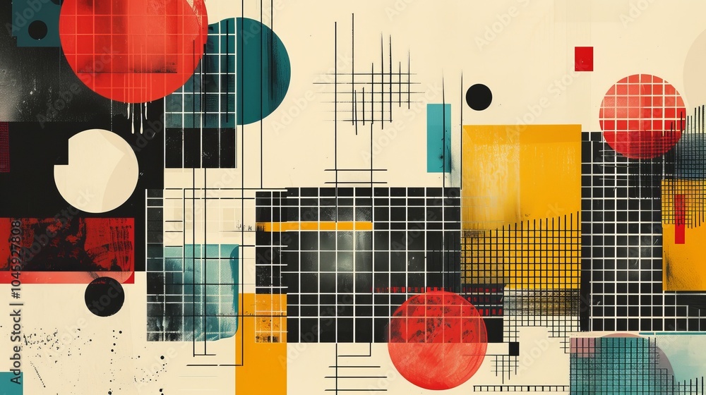 Poster a dynamic geometric vector background, featuring scandinavian colors with a mix of circles and squar