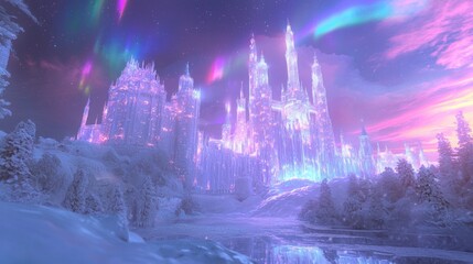 Fototapeta premium Enchanting Winter Night: Northern Lights Aurora over Medieval Castle in Snowy landscape - Ultra-Detailed Fantasy Image
