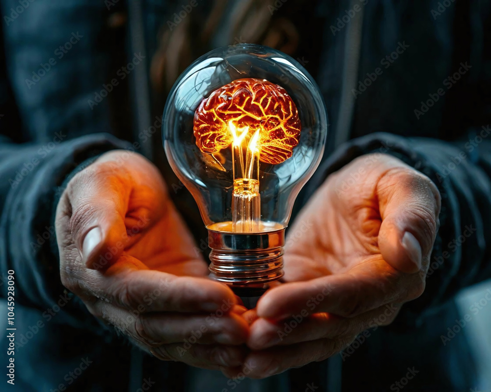 Poster two hands holding a large light bulb. inside the light bulb is an image of the brain glowing orange.