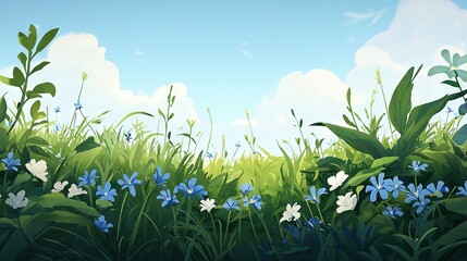  Blue and white flowers in a grassy field beneath a blue sky