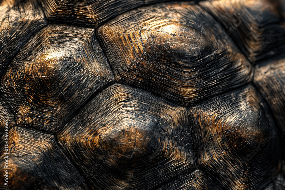 Poster the image is of a tortoise shell, with a brown and black pattern. the shell is textured and has a ro