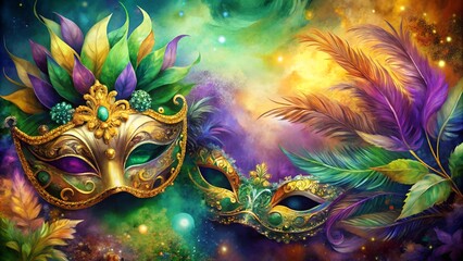 Colorful Mardi Gras masks with vibrant feathers and sparkling gems on a festive background