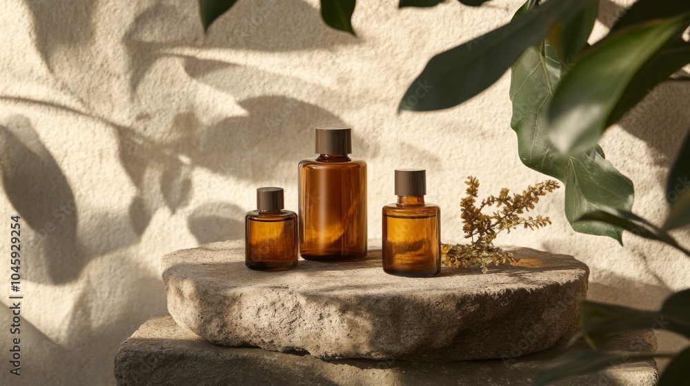 Aufkleber Three amber glass bottles of different sizes sit on stacked stone platforms. The bottles are arranged in a row and are in focus. The background is a white wall with shadows cast by greenery.
