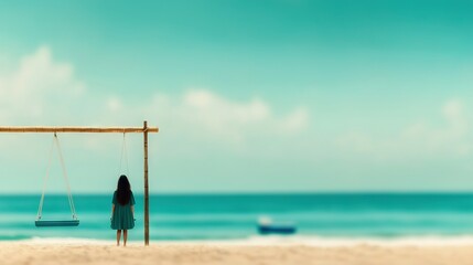   A woman stands on a beach with a swing in front of her and a boat in the background