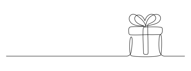 Birthday Gift box with ribbon and bow in One Continuous line drawing. Festive present and wrapped surprise package in simple linear style. Editable stroke. Doodle contour vector illustration