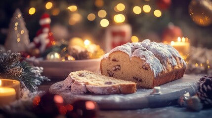 A freshly baked loaf of stollen with powdered sugar sits on a cutting board, surrounded by Christmas decorations, candles, and lights.