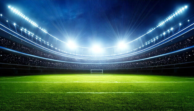 Football field illuminated by stadium lights