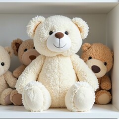 Teddy bears sitting together in a room, one brown and one white, nestled in a soft, fluffy box, symbolizing love and childhood with their plush, furry bodies