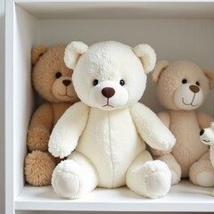 Obraz premium Teddy bears sitting together in a room, one brown and one white, nestled in a soft, fluffy box, symbolizing love and childhood with their plush, furry bodies