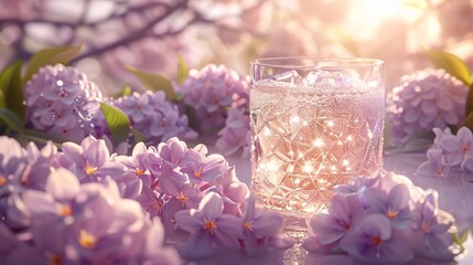   Glass with water and purple flowers on purple flower bed