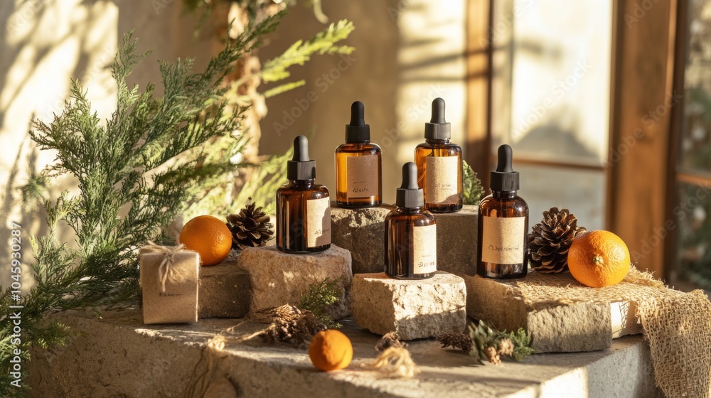 Poster Five amber bottles with droppers and plain white labels are arranged on a stone shelf in a row, two are in the middle of the shelf and the other three are on the edges of a row of stone blocks.