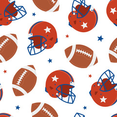 Seamless pattern with american football helmets, balls and stars on white background. Sport equipment. Competition and training. Vector flat illustration