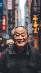 Obraz premium Asian man smiling happy face portrait on a city street