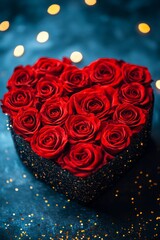 A heart-shaped arrangement of red roses on a dark background.