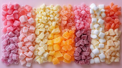 A minimalist arrangement of freeze-dried candies on a flat surface, with candies lined up neatly by type and color