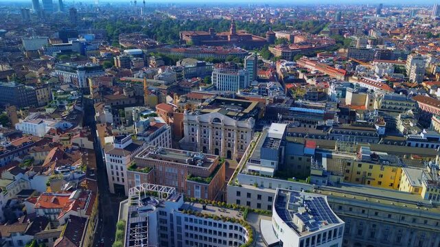 Aerial view of the Borsa Piazza Affari. houses in the city. Attractions for tourists. A crisis. Statue of the middle finger on the hand. Finance. Architecture. Italy, Milan, 26.09.2025