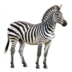 A zebra with black and white stripes standing on a white background.