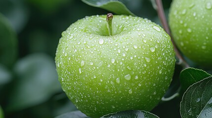   A green apple, with water droplets and green leaves in the background