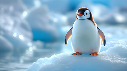 Fototapeta premium A lone penguin standing on a shrinking ice floe, with no other ice in sight, showing the impact of warming waters