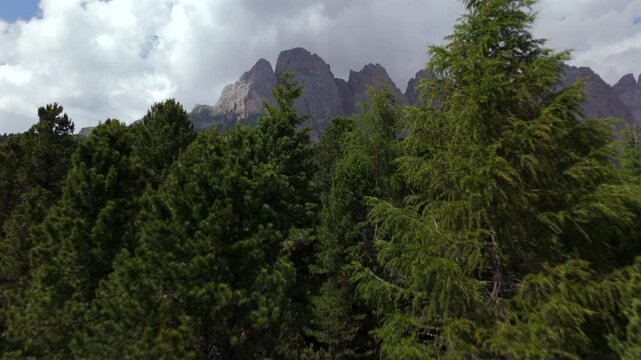 Aerial view of Regensburger H&uuml;tte nestled among dense trees, framed by the rugged peaks of the Dolomites in the background, offering a serene alpine escape.