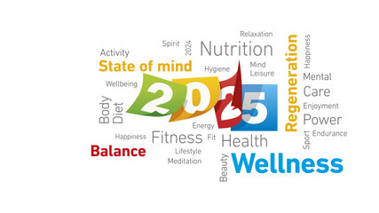 Obraz premium Wellness New Year 2025 shining colorful word cloud text and calendar sheets for 2025 isolated on white background