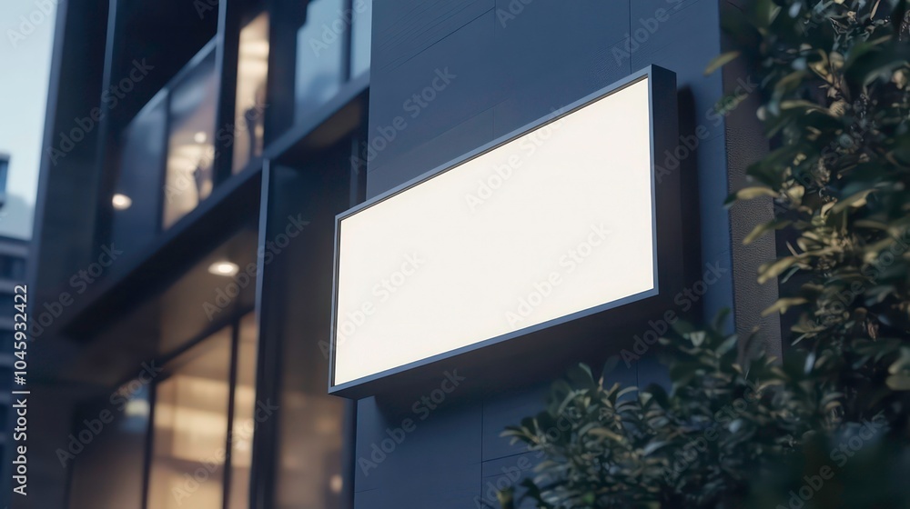Poster a blank rectangular sign is mounted on the side of a modern building with a blurred cityscape in the