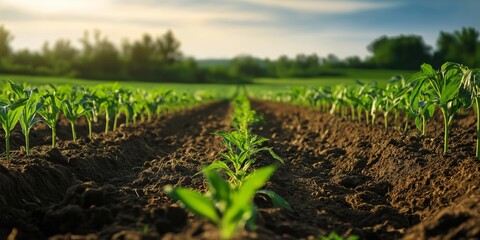 Obraz premium Young green plants growing in straight rows on a sunny day, signifying growth and agriculture.