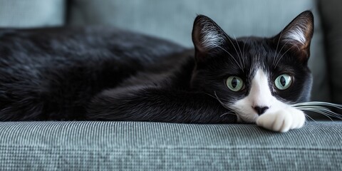 A black and white cat with vivid green eyes lounges comfortably on a soft couch, exuding serene calmness.
