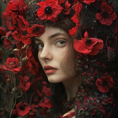 Portrait of a woman adorned with vivid red flowers, epitomizing beauty and nature's artistic expression.