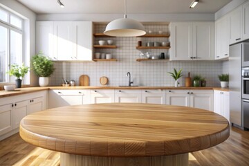 Wooden table in white kitchen background