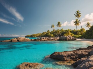 Crystal clear waters and rocky shoreline of tropical beach.