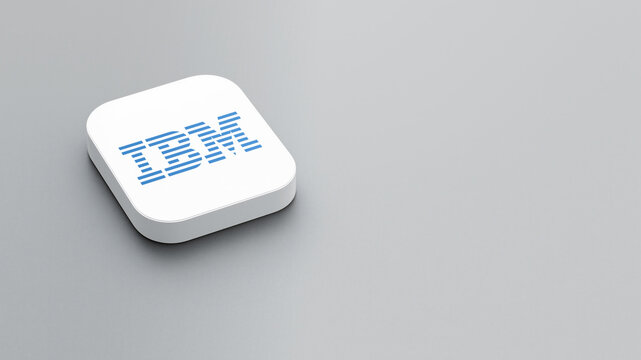 An icon of the IBM logo on a gray background, a white square with rounded corners, a minimalistic design, 3D rendering.