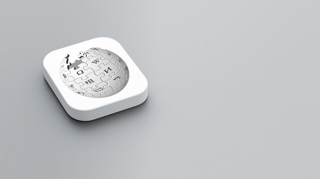 An icon of the Wikipedia logo on a gray background, a white square with rounded corners, a minimalistic design, 3D rendering.