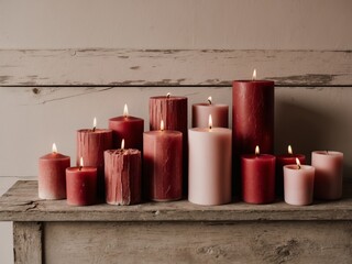 collection of rustic red and pink candles on a weathered wooden surface with a vintage feel.