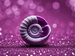 close up of purple seashell on glittery purple surface.