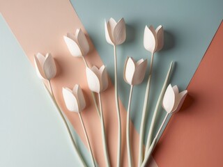 paper crafted tulips on dual tone blue and coral pastel background.