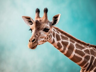 Obraz premium Curious Giraffe on a Turquoise Background.