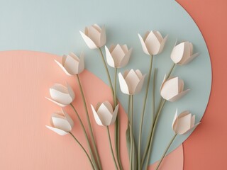 paper crafted tulips on dual tone blue and coral pastel background.