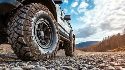 Close-up of a mud-covered tire on an off-road vehicle driving on a gravel road with a mountain and forest in the background.