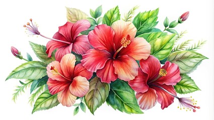 Obraz premium Watercolor red tropical hibiscus bouquet painting