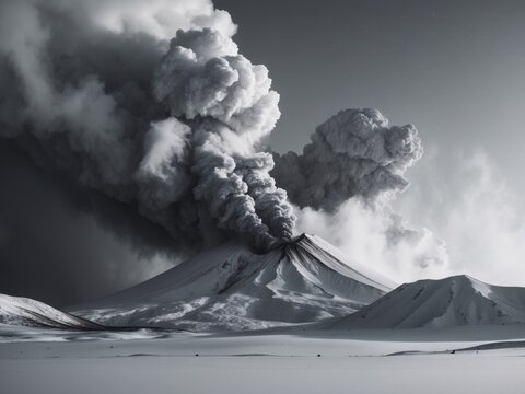 Volcanic eruption with smoke in snowy landscape.