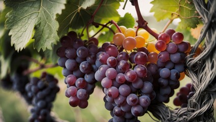 A cluster of grapes growing together on the vine.