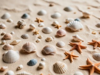 Assorted Seashells and Starfish on Sandy Background.