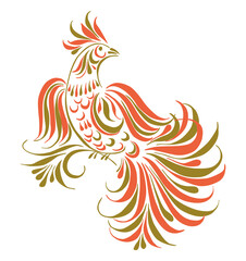Bird decorative fantasy floral abstract, orange golden, christmas decoration, vector illustration
